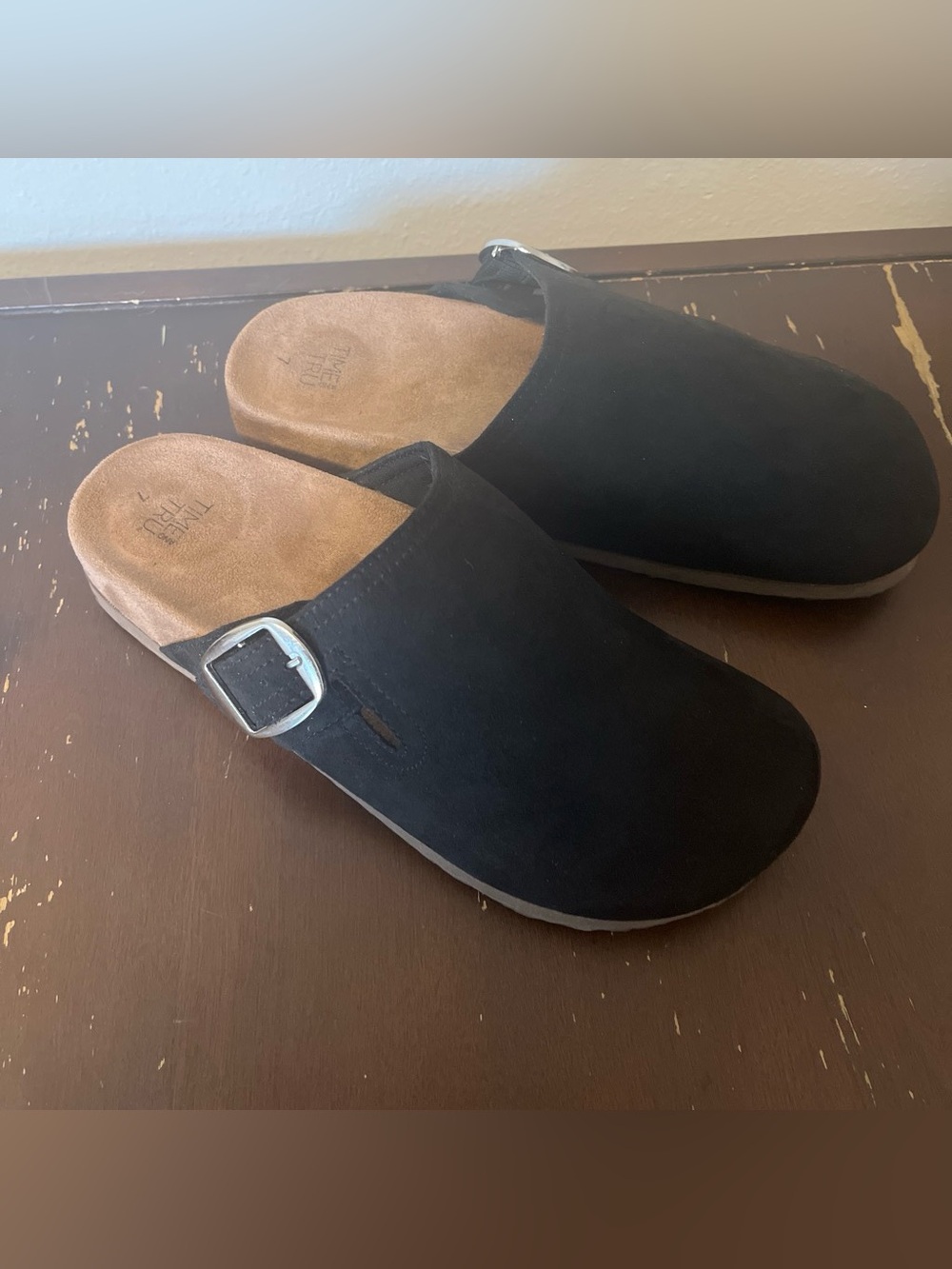 Time and Tru Black Suede Slip-On Mules with Buckle
